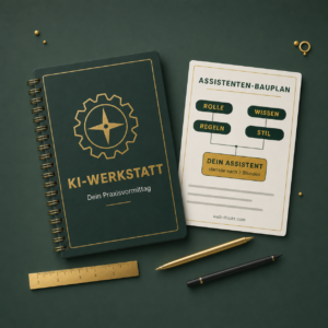 Notizbuch KI-Werkstatt mit Assistenten-Bauplan auf dunkelgr&uuml;nem Hintergrund